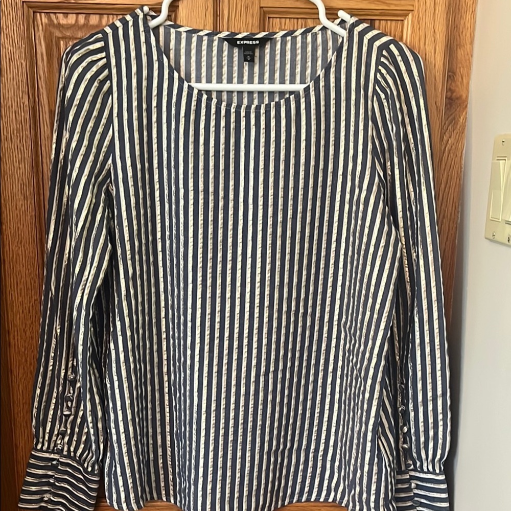 Express Navy,White, and Gold Striped Women's Top Medium